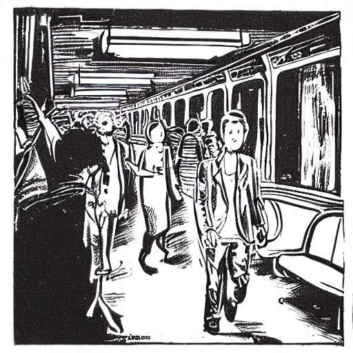 Image similar to a risograph print of a man walking into a New York City subway station