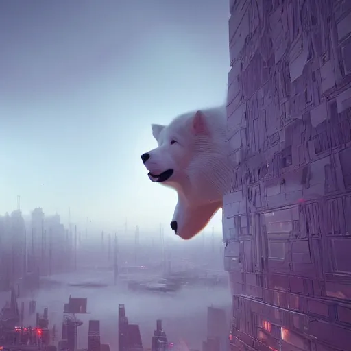 Image similar to a giant samoyed statue in the middle of a futuristic dystopian city, view from the sky, intricate artwork by beeple, beautiful, cinematic lighting, heavy mist, octane render, trending on artstation, greg rutkowski very coherent artwork. cinematic, hyper realism, high detail, octane render, 8k