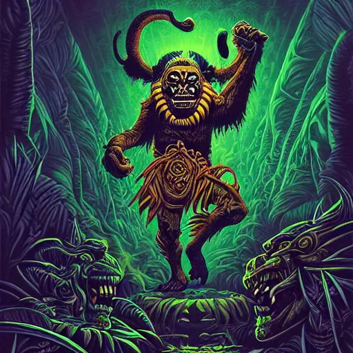 Image similar to barong family member, wiwek, mara demon, one single tribe member, jungle, one single mask, dark, ancient warrior, gorilla, lizard, tribal, inner glow, art by dan mumford and justin gerard