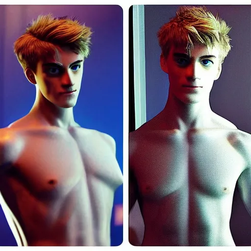 Image similar to “a realistic detailed photo of a guy who is an attractive humanoid who is half robot and half humanoid, who is a male android, twitch streamer Ninja Tyler Blevins, shiny skin, posing like a statue, blank stare”