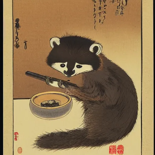 Prompt: little raccoon sitting by a cozy fireplace with a cup of tea. warm color temperature. ukiyo - e,