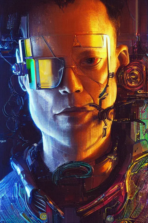 Image similar to A portrait of the Techgnosis author Erik Davis as a cyberpunk, iridescent highlights, background of digital greebles, highly detailed, intricate, soft, sci-fi, sharp focus, glowing lines, art by Ruan Jia and Moebius