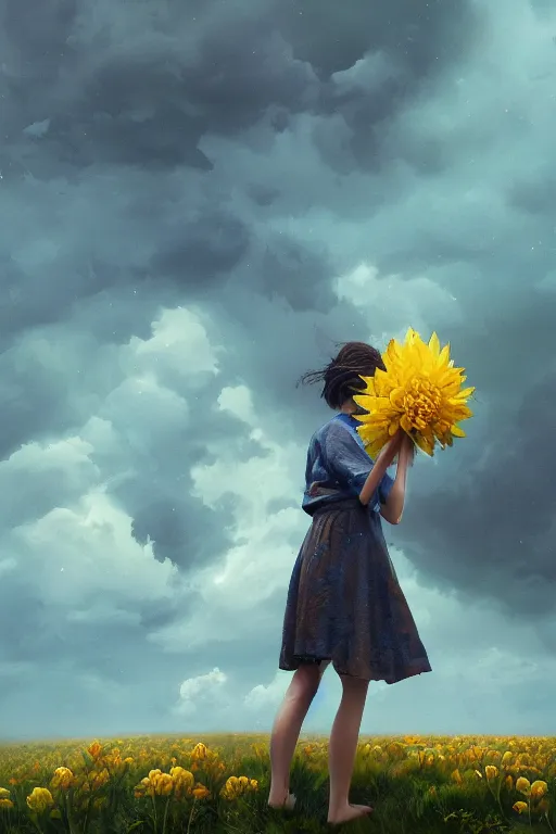 Image similar to closeup girl with huge yellow dahlia flower face, intricate, standing on mountain, surreal photography, blue storm clouds, dramatic light, impressionist painting, digital painting, artstation, simon stalenhag