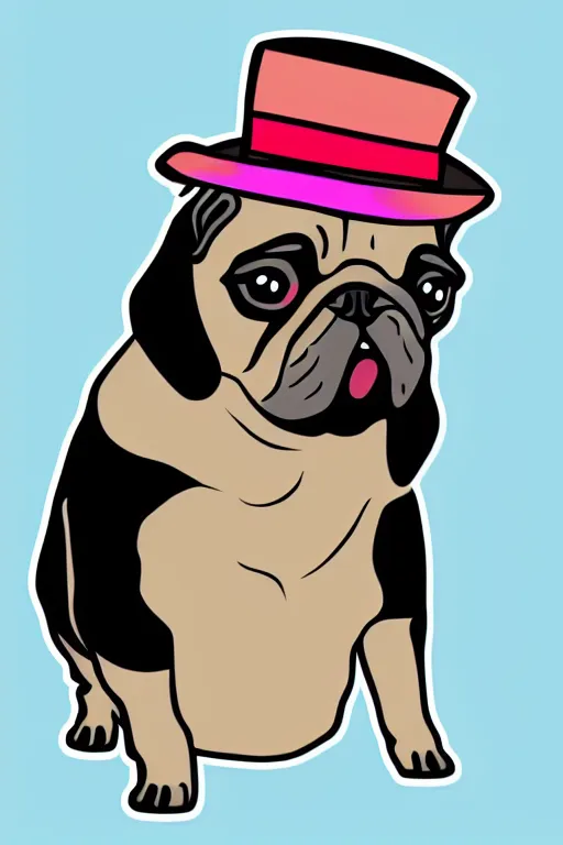 Image similar to A portrait of a pug with a top hat, sticker, colorful, illustration, highly detailed, smooth and clean vector curves, no jagged lines, vector art, smooth