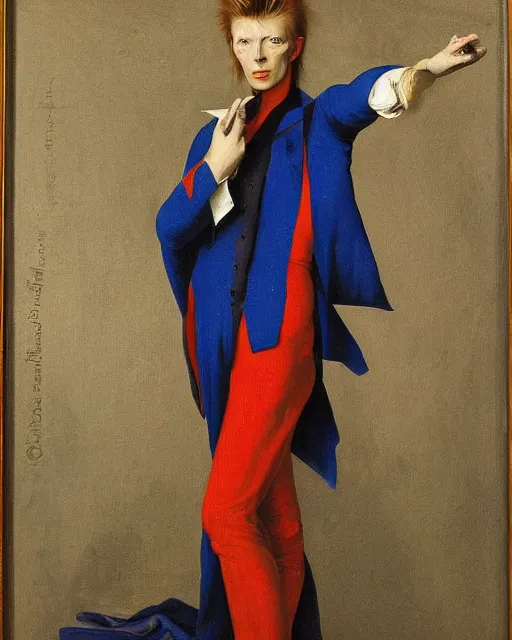 Prompt: a beautiful oil painting of david bowie by jean auguste dominique ingres by lee madgewick, neoclassical, illuminated manuscript, gold leaf