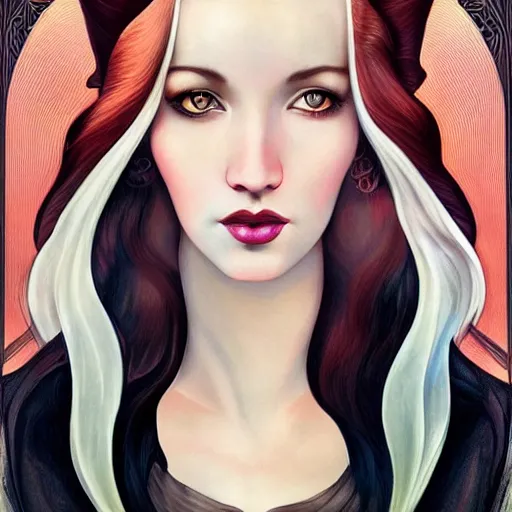 Prompt: an art nouveau, ( streamline moderne ), multi - racial portrait in the style of anna dittmann and charlie bowater and magali villenueve. very large, clear, expressive, and intelligent eyes. centered, ultrasharp focus, dramatic lighting, photorealistic digital matte painting, intricate symmetrical ultra detailed background.
