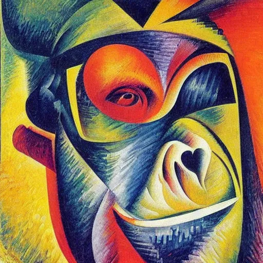 Image similar to cubo - futurism art portrait of an ape monkey by umberto boccioni, futuristic very abstract style, color painting