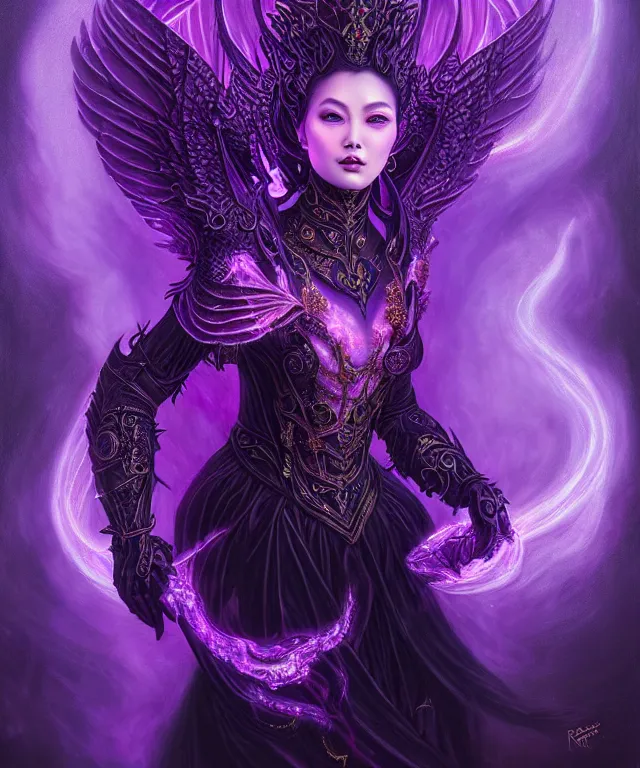 Image similar to ultra detailed, magical realism, portrait painting, of the beautiful empress in black dragon armor within the enchanted purple forest, glowing purple, volumetric lighting, illusion, intricate details, by ross tran.