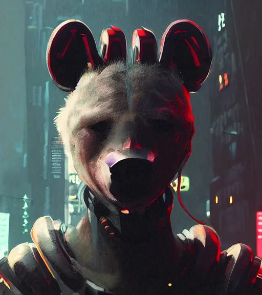 Image similar to new york city portrait icon of furry anthro anthropomorphic spotted hyena head animal person fursona wearing clothes strange cybernetic metal muzzle gloomy rainy screenshot from the video game cyberpunk 2077 digital art by Greg Rutkowski, Simon Stalenhag, christopher nolan trending on Artstation, CGSociety