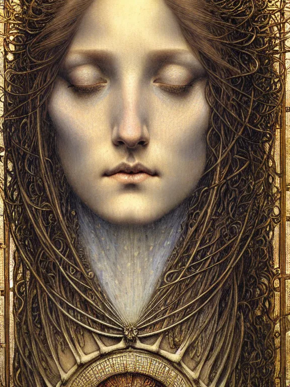 Image similar to detailed realistic beautiful young medieval queen face portrait by jean delville, gustave dore and marco mazzoni, art nouveau, symbolist, visionary, gothic, pre - raphaelite. horizontal symmetry