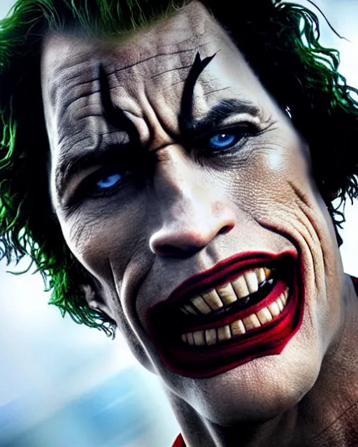 Image similar to Film still close-up shot of Dwayne The Rock Johnson as The Joker from the movie The Dark Knight