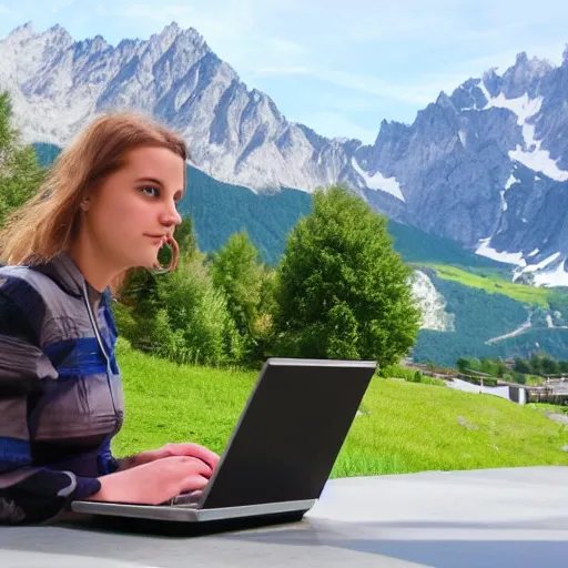 Image similar to smart female junior developer sitting in front of a modern campus building and working on a laptop outside with mountains in the background in summer, alps, 4k, digital art, highly detailed, artstation, 8k, painting