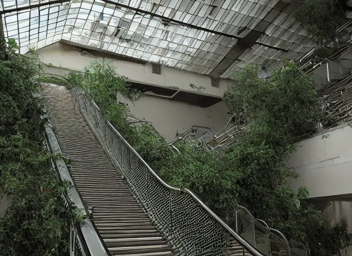 Image similar to an escalator in an abandoned mall in the 1 9 8 0 s, taken over by nature, covered in vines
