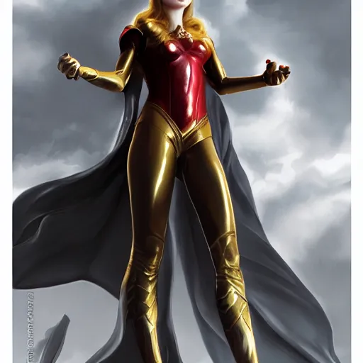 Prompt: medium shot portrait of modern darna, elle fanning as scarlett witch in golden valkyrie armor, intricate, elegant, dark vibes, highly detailed, digital painting, artstation, glamor pose, concept art, smooth, sharp focus, illustration, art by wlop, mars ravelo and greg rutkowski