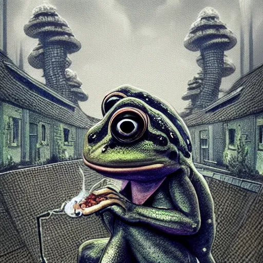 Image similar to A portrait of a scary godlike anthropomorphic frog smoking a cigarette , mushroom mansion in the background . award winning. superb resolution. in the art style of junji Ito and greg rutkowski . Detailed Mushroom city in background. Hyper realistic anime. Perfect art. Dalle2