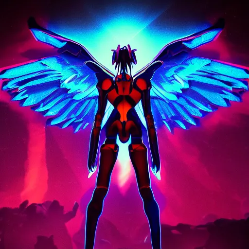 Image similar to evangelion biblical angel invaders with neon wings in a dim dark forest colorful 4 k path traced high definition detailed artstation realistic trending dramatic lighting dark and light contrast gothic pastel