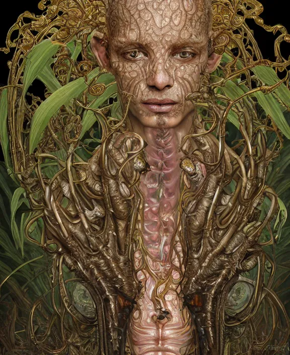 Image similar to intricate ornate opulent transparent clear see - through portrait of a terrifying beautiful emaciated male alien centipede, mottled coloring, adorable, childlike, overgrown jungle environment, ultra realistic, concept art, art nouveau, photorealistic, octane render, 8 k, unreal engine. art by christopher marley and artgerm and greg rutkowski and alphonse mucha