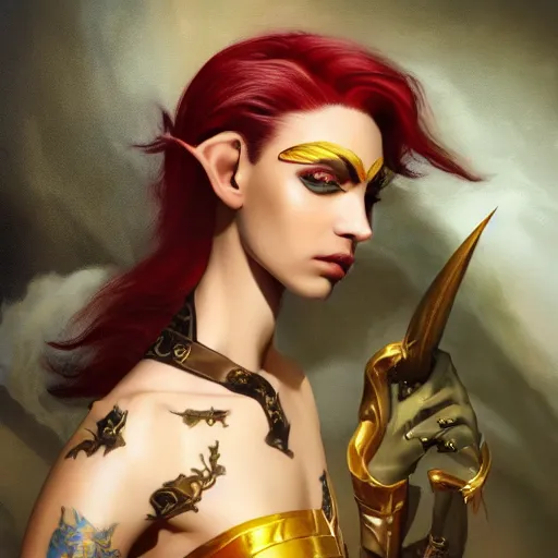 Prompt: a beautiful and androgynous half - elf with almond skin tone and messy short red hair and catlike features with yellow eyes with slit pupils, dressed in a jodhpuri suit, dnd character, golden aura, realistic portrait by ross tran and gerald brom and kehinde wiley and fernando amorsolo, trending on artstation