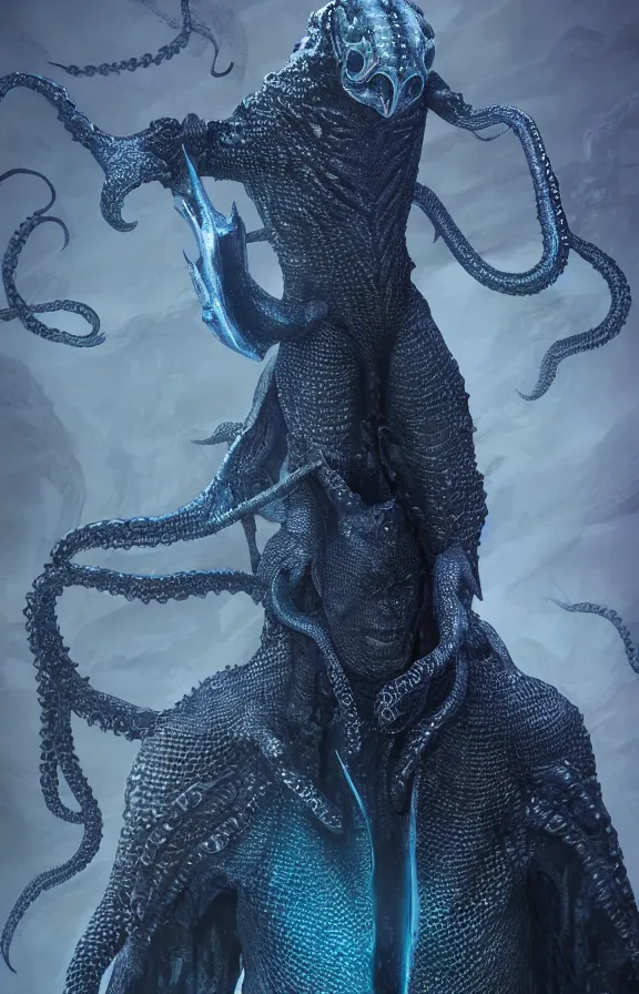 Image similar to detailed hypperrealistic artstation render, full body front view of a scaly black cloaked man, wearing a metallic blue squid mask. he holds in his hand a large knights blue greatsword, in addition tentacles emerge from his back like wings