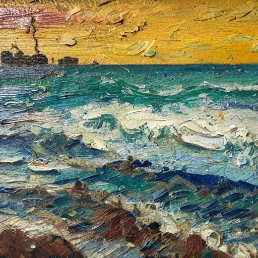 Image similar to oil paint impasto relief, beautiful italian beach scene, rough sea, multi layered thick brush marks, some splattered paint, in the style of ivan shishkin and frank auerbach and van gogh and signac