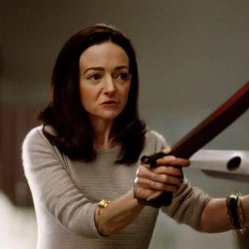 Prompt: Movie still of Sheryl Sandberg holding a katana in The Doomsday Machine, directed by Quentin Tarantino