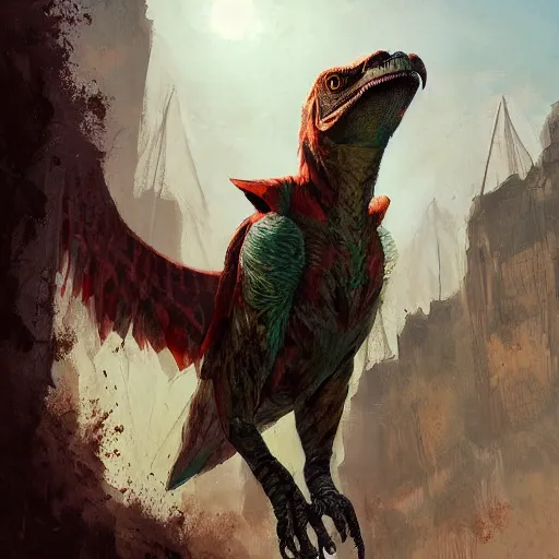 Image similar to a painting of a bloodthirsty raptor by marc simonetti, high detail, trending on artstation
