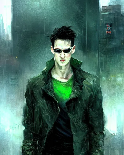 Image similar to battle hardened, overpowering, pragmatic, charismatic character from the matrix, face centered portrait, confident, ruined cityscape, sterile minimalistic room, architecture, fog, volumetric lighting, illustration, perfectly shaded, greenish tinge, cold lights soft painting, art by krenz cushart and wenjun lin