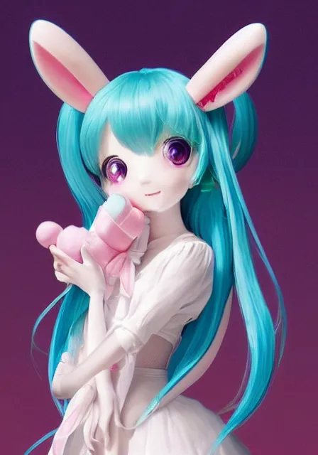 Prompt: hatsune miku with blue bunny hair, holding cinnamoroll from sanrio, intricate, elegant, highly detailed, digital painting, artstation, concept art, smooth, sharp focus, illustration, art by artgerm and greg rutkowski and alphonse mucha and william - adolphe bouguereau