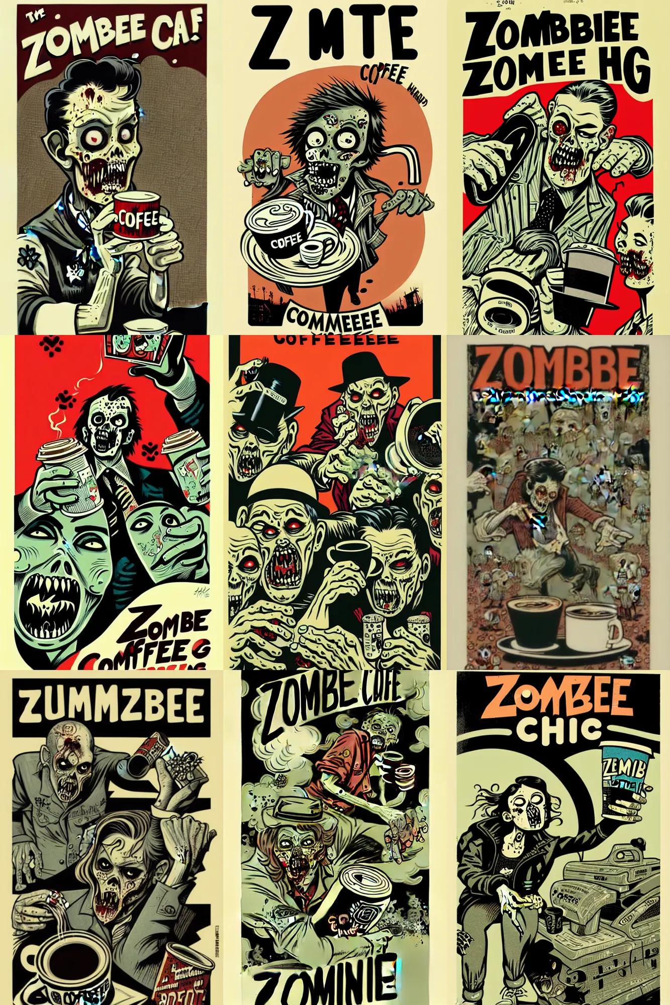 Prompt: zombie chasing coffee by mcbess, full colour print, vintage colours 1 9 5 0 s, high detail