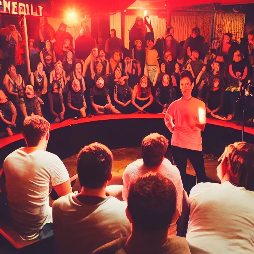 Image similar to 6 people sitting in circle, a fire in the middle in the floor of a small stage of a band, drummer is there behind them. red neon lights good mood, nice ambience singing