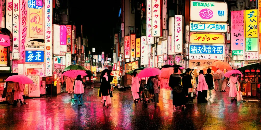 Prompt: analog photo of Japanese women in tokyo, at night, rain, pink yellow and blue neon signs