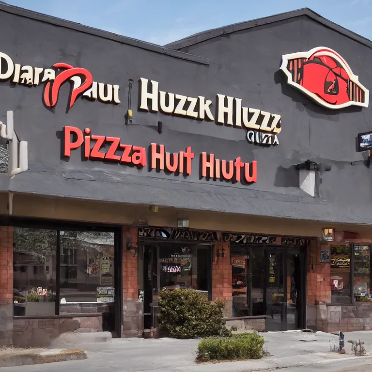 Prompt: A photograph of the exterior of a dark fantasy Pizza Hut