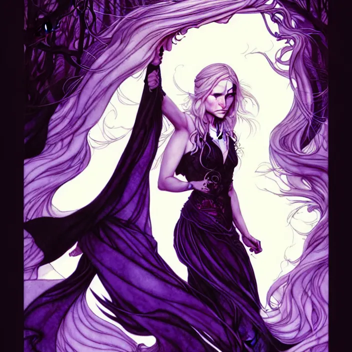 Prompt: style artgerm, joshua middleton, arthur rackham, beautiful kristen bell with black dress, very long white hair, symmetrical face, symmetrical eyes, purple fire powers fire swirling, detailed, forest setting, cinematic lighting