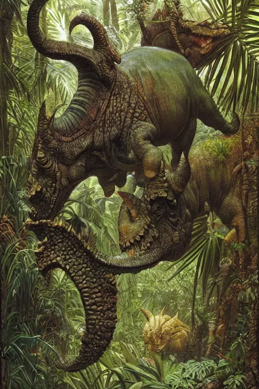 Image similar to ! dream a triceratops charging toward the viewer in a lush tropical jungle, fluid, smooth, bright, colours, high contrast, sharpness, very detailed, intricate, by donato giancola, gustave dore and junji ito