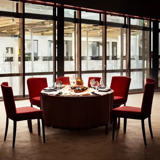 Image similar to kuka industrial robot arms around the dinner table, set inside a fine dining restaurant with global illumination