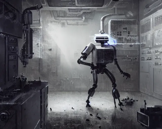 Prompt: blender gloomy colossal ruined server room in datacenter robot figure automata headless drone robot knight welder posing pacing fixing soldering mono sharp focus, emitting diodes, smoke, artillery, sparks, racks, system unit, motherboard, by pascal blanche rutkowski artstation hyperrealism cinematic dramatic painting concept art of detailed character design matte painting, 4 k resolution blade runner