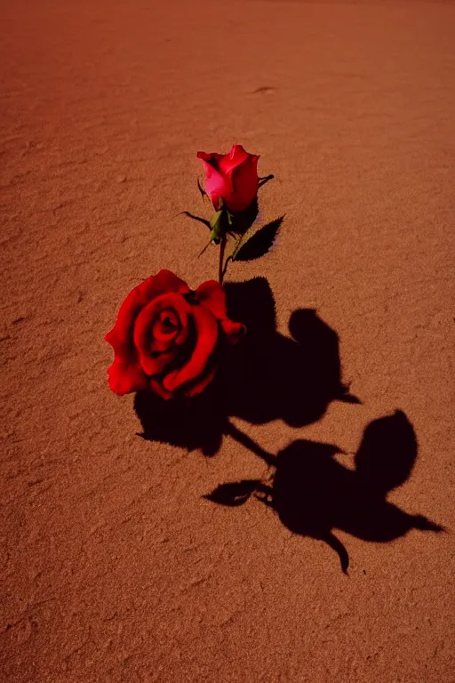 Prompt: agfa vista 4 0 0 photograph of a single rose growing in the desert sand, synth vibe, vaporwave colors, lens flare, moody lighting, moody vibe, telephoto, 9 0 s vibe, blurry background, grain, tranquil, calm, faded!,