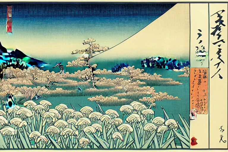 Image similar to a masterful ukiyo - e print of beautiful irises in a scenic environment by katsushika hokusai, van gogh and utagawa hiroshige, masterpiece, hyperdetailed!!, intricate!!, complex!!, 4 k