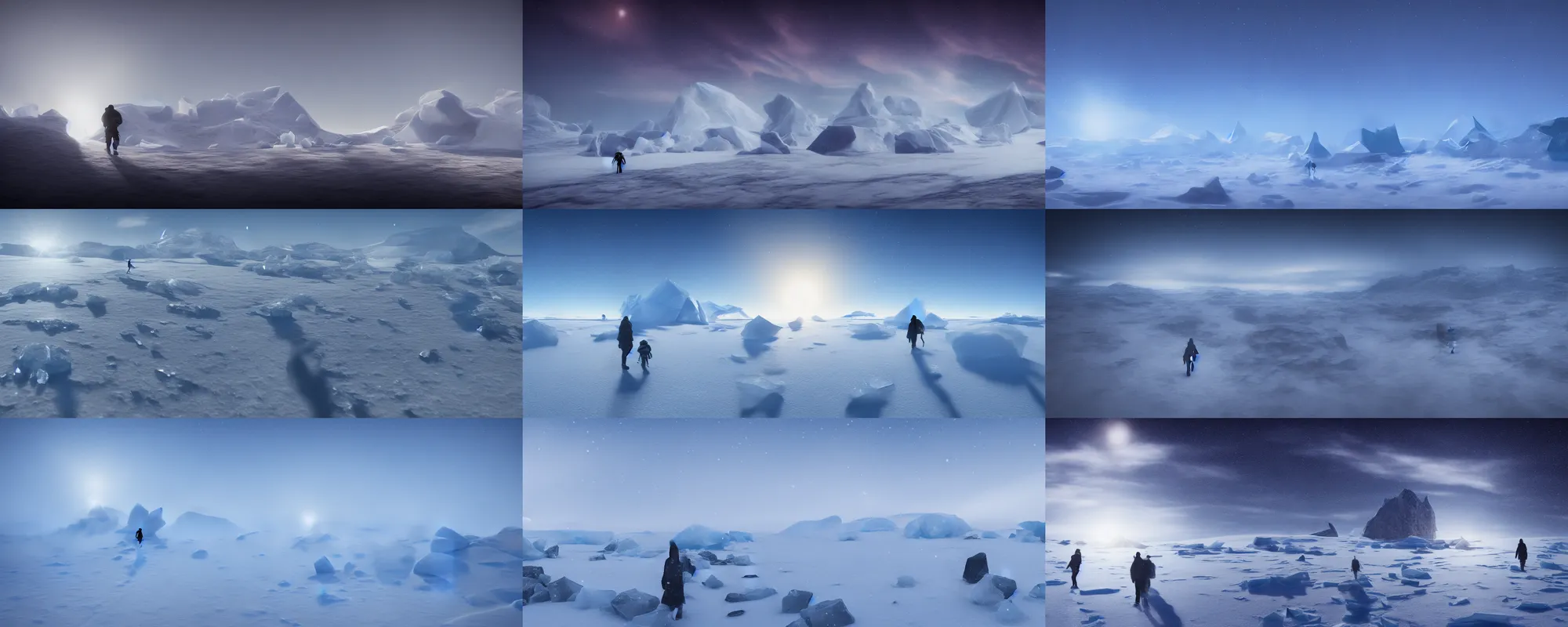 Prompt: a crystal silhouette wandering in the Antarctic desert, ocean specular, snow, snowflakes, trending on artstation