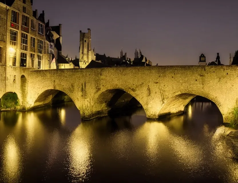 Prompt: close view of a medieval stone bridge over water in gent belgium at night, peaceful and serene, incredible perspective, soft lighting, anime scenery by makoto shinkai and studio ghibli, very detailed