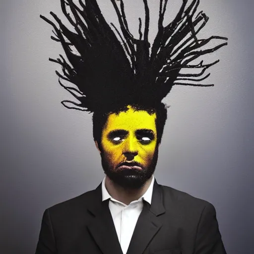 Prompt: a beautiful performance art of a self - portrait of the artist. he is shown with his head turned to the left, looking at the viewer. his hair is wild and his eyes are wide open. his right hand is raised, as if he is pointing at something. goldenrod by ingrid baars apocalyptic