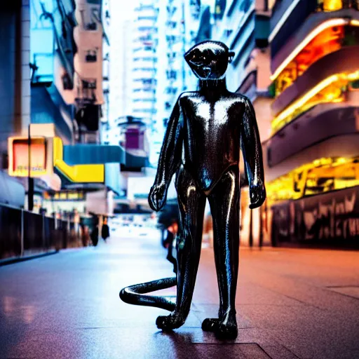 Image similar to a t - 1 0 0 0 cat made of liquid metal walking in the streets of hong kong and hugging a man, volumetric lighting, sharp focus, ultra detailed, cgsociety - w 1 0 2 4 - n 8 - i