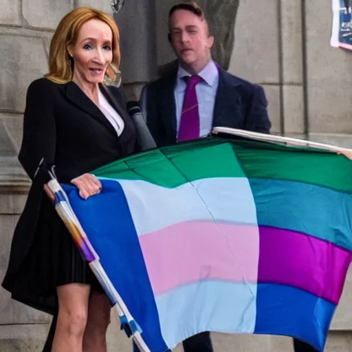 Image similar to JK Rowling starting terrified at a trans flag