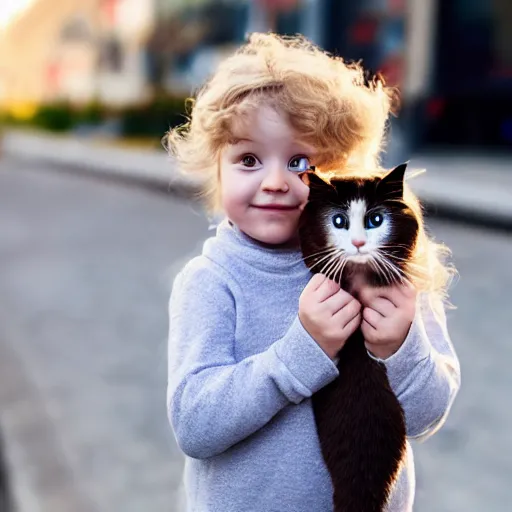 Prompt: toddler with light hair posing with cat on the sidewalk