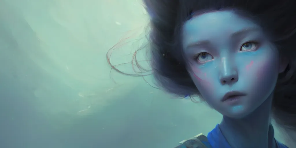 Prompt: portrait of a big eyed blue haired teenage girl looking sad to the camera, powder from the tv series arcane, extremely detailed digital painting, in the style of fenghua zhong and ruan jia and jeremy lipking and peter mohrbacher, mystical colors, rim light, beautiful lighting, 8 k, stunning scene, raytracing, octane, trending on artstation