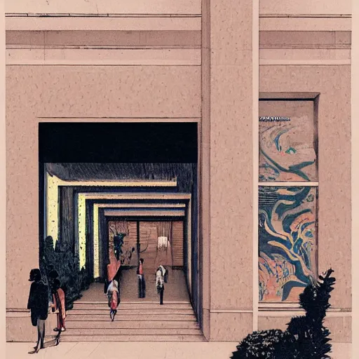 Image similar to pencil illustration of modern art gallery, where there is a lot of paintings displayed from various artist, very fashion, displayed on the walls, by Victo Ngai and James Gilleard and Bruce Pennington