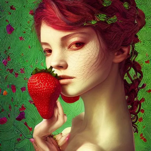 Image similar to the portrait of an absurdly beautiful, graceful, elegant, shy young woman made of strawberries and green petals, an ultrafine hyperdetailed illustration by kim jung gi, irakli nadar, intricate linework, bright colors, octopath traveler, final fantasy, angular, unreal engine 5 highly rendered, global illumination, radiant light, detailed and intricate environment