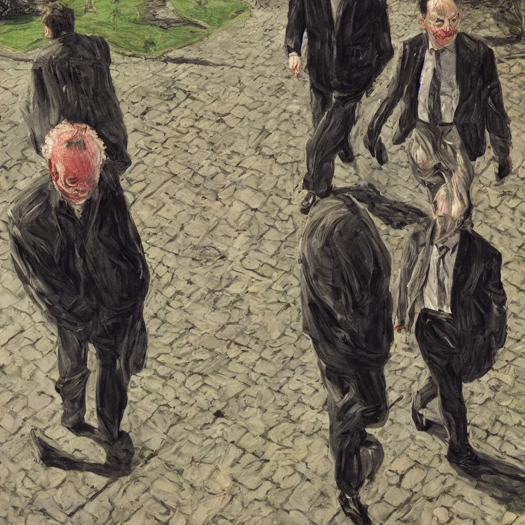 Image similar to high quality high detail painting of todd solondz walking with a friend by lucian freud and francis bacon, hd, photorealistic lighting