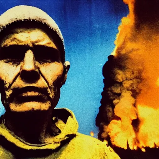 Image similar to selfie of the last surviving ukrainian, burning alive to the bone, wild pain and damage to the body, painted in dirty yellow - blue colors, against the backdrop of a huge nuclear explosion