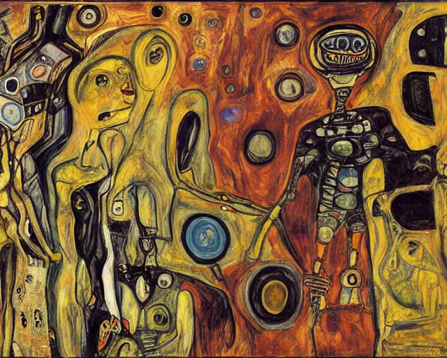 Image similar to a painting of a aliens and robots by graham sutherland, egon schiele, gustav klimt, edvard munch, expressionism